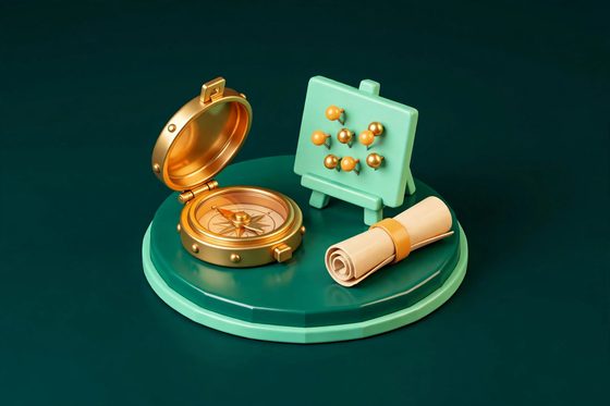 3D model of a brass compass, a plan board with pins, and a rolled-up plan