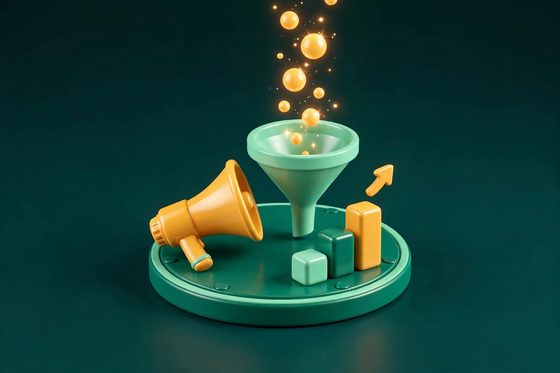 3D model of an amber megaphone, a funnel catching glowing bubbles, and a rising bar chart