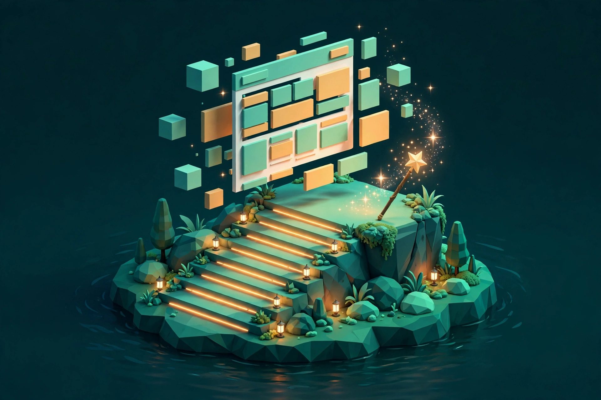 3D scene of glowing steps assembling a website, topped with a sparkling wand
